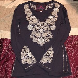 Johnny Was S Purple Embroidered Long Sleeve Top